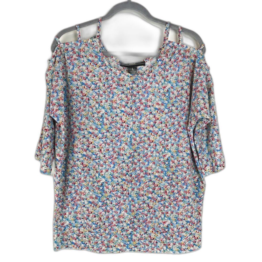 Amang NY Floral Ladder Sleeve Top Women's Size Large Stretch Knit Casual